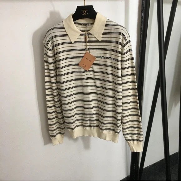 Miu Miu Tops - Miu Miu Cream and Black Striped Polo Sweater